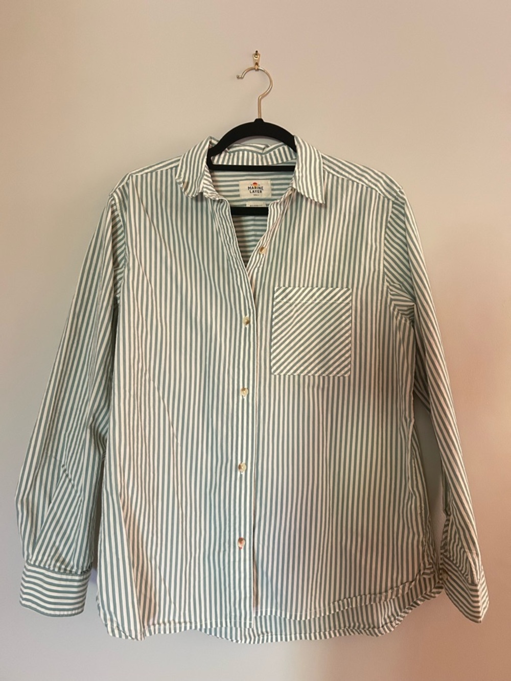 Marine Layer Green and White Striped Button-Down Shirt